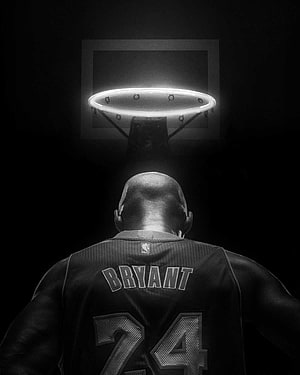 Kobe Bryant 24 Jersey Back View Facing Glowing Basketball Hoop in Dramatic Black and White HD phone wallpaper