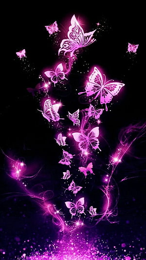 Magical Glowing Pink Butterflies Swirling in Dark Fantasy Art HD phone wallpaper