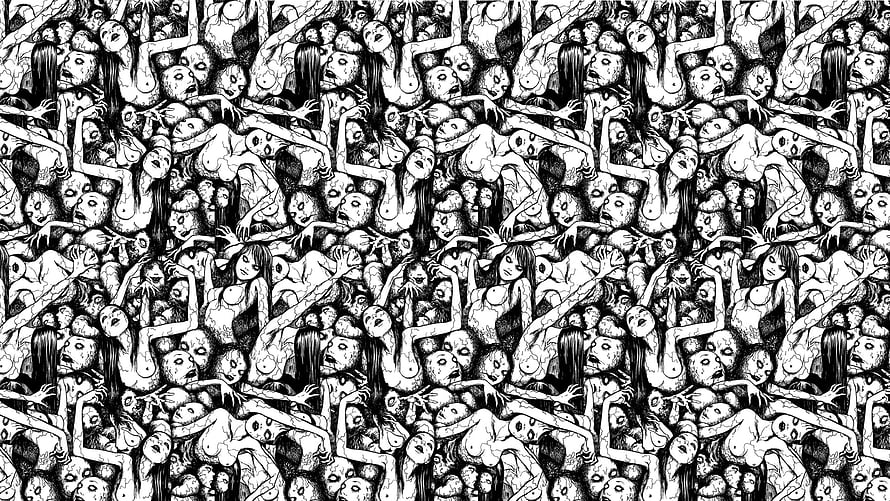 Junji Ito Black and White Horror Illustration of a Dense Crowd of Screaming Figures HD wallpaper