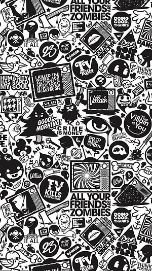 Black and White Doodle Art with Villain and TV Kills Slogans HD phone wallpaper