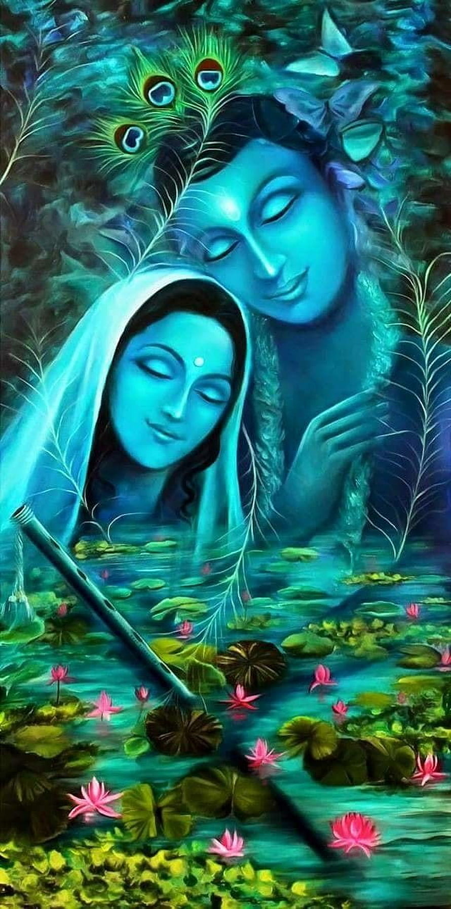 Radha Krishna digital art with peacock feathers and lotus pond HD phone wallpaper