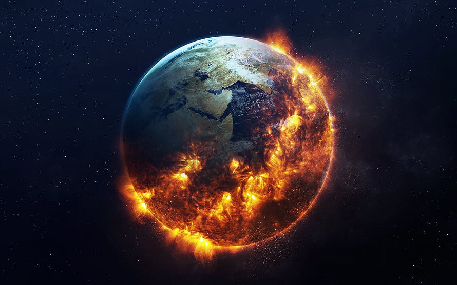 Burning Earth Planet Enveloped in Flames Against a Starry Deep Space Background HD wallpaper