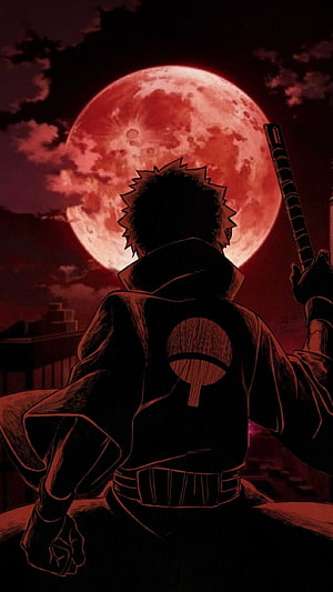 Obito Uchiha Silhouette Against Blood Moon in Naruto Anime Artwork HD phone wallpaper
