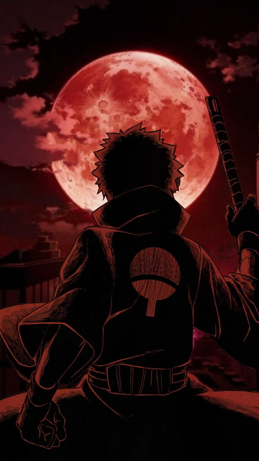 Obito Uchiha Silhouette Against Blood Moon in Naruto Anime Artwork HD phone wallpaper