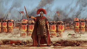 Roman Legionary General Standing on a Battlefield with Red Shields and Smoke, The-Roman-Empire, The, Army, Empire, Roman HD wallpaper