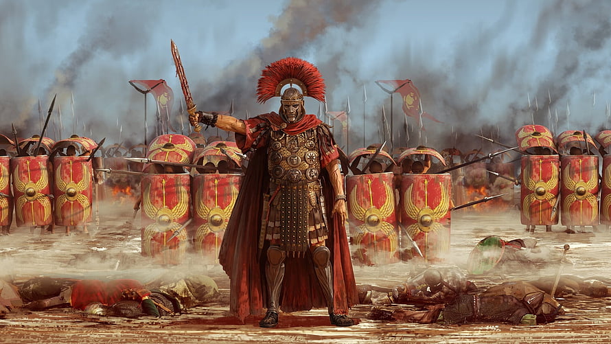 Roman Legionary General Standing on a Battlefield with Red Shields and Smoke, The-Roman-Empire, The, Army, Empire, Roman HD wallpaper