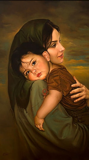 Oil Painting of Mother and Child in Green Robe with Dramatic Sky Background HD phone wallpaper