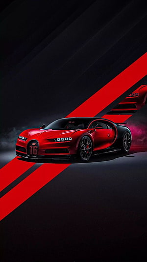 Red Bugatti Chiron Super Sport 300+ with digital 16 grille display on dark background HD phone wallpaper