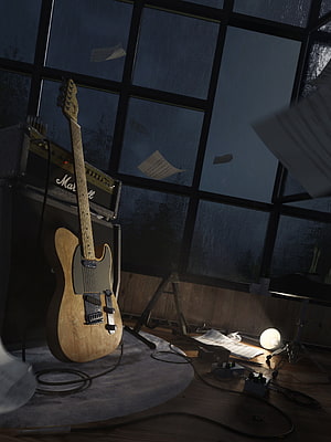 Moody Electric Guitar and Amplifier in a Rainy Studio with Floating Sheet Music HD phone wallpaper