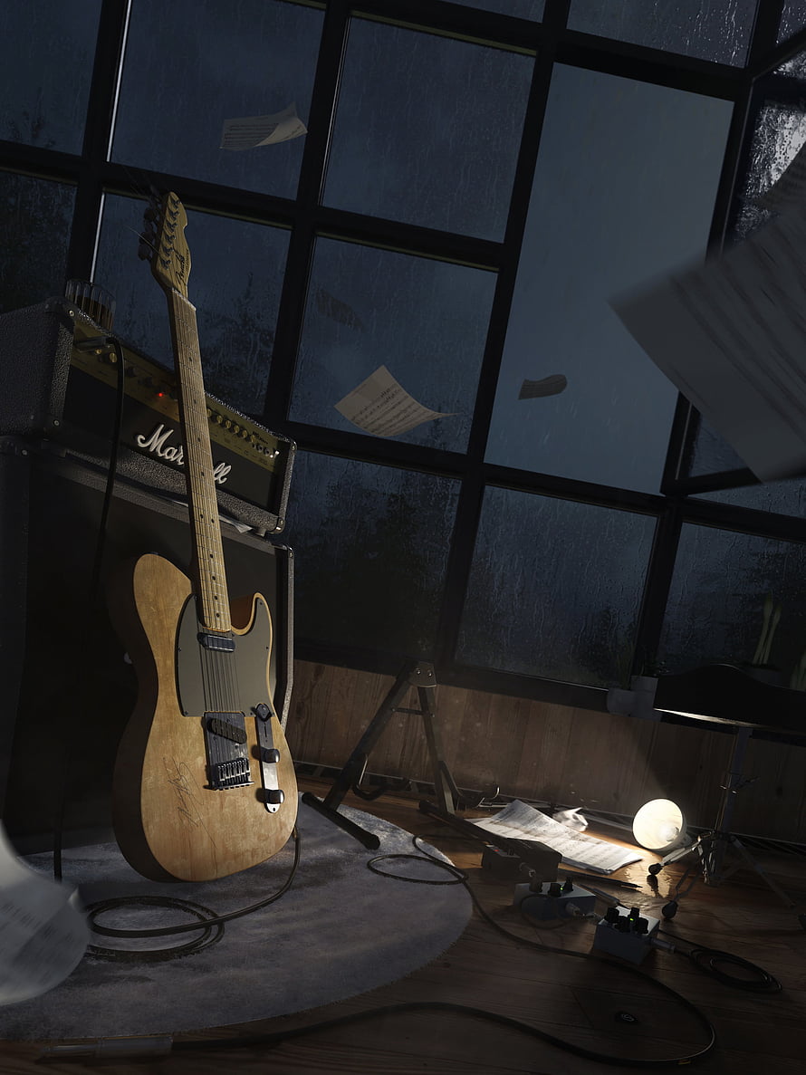 Moody Electric Guitar and Amplifier in a Rainy Studio with Floating Sheet Music HD phone wallpaper