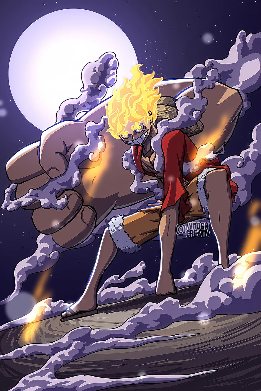 Monkey D. Luffy Gear 5 Infobox Artwork with Flame Hair and Smoke Aura HD phone wallpaper