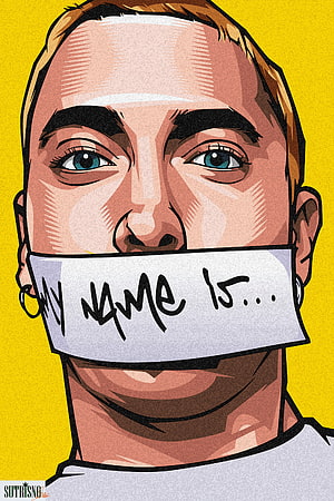 Eminem Portrait Illustration With Tape Over Mouth On Yellow Background HD phone wallpaper