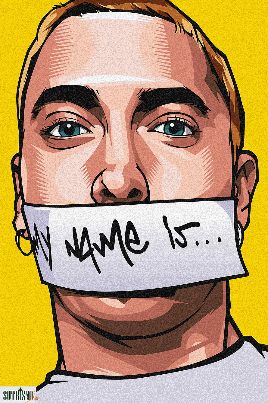 Eminem Portrait Illustration With Tape Over Mouth On Yellow Background HD phone wallpaper