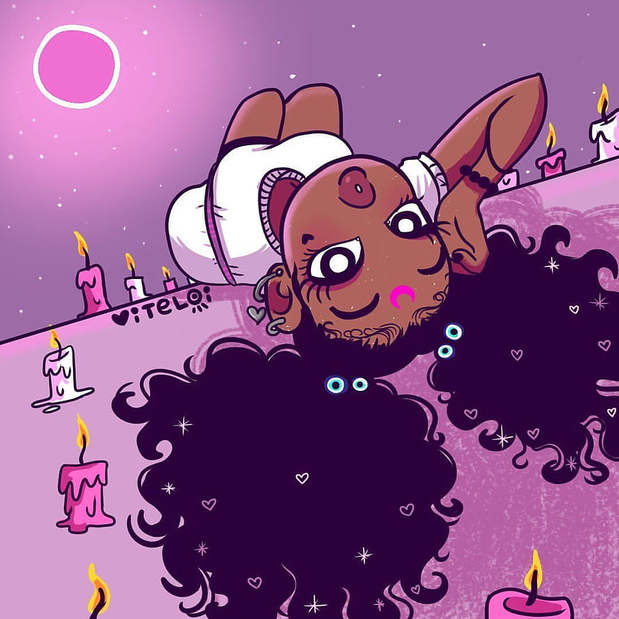 Cartoon Character With Big Afro Hair Floating In Pink Space With Candles HD phone wallpaper