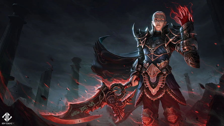 Dark Fantasy Warrior Wielding Glowing Red Scythe in Ruins HD wallpaper