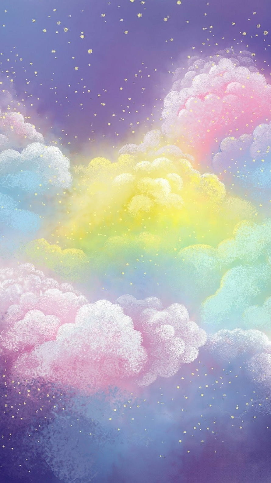 Dreamy Pastel Clouds with Golden Sparkles and Soft Rainbow Hues HD phone wallpaper
