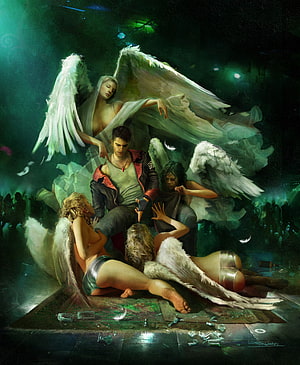 Dante Surrounded by Winged Figures in a Dark Green Stage Setting HD phone wallpaper