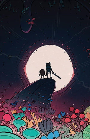 Adventure Time Finn and Jake Silhouette Standing on Cliff Edge in Colorful Cave HD phone wallpaper