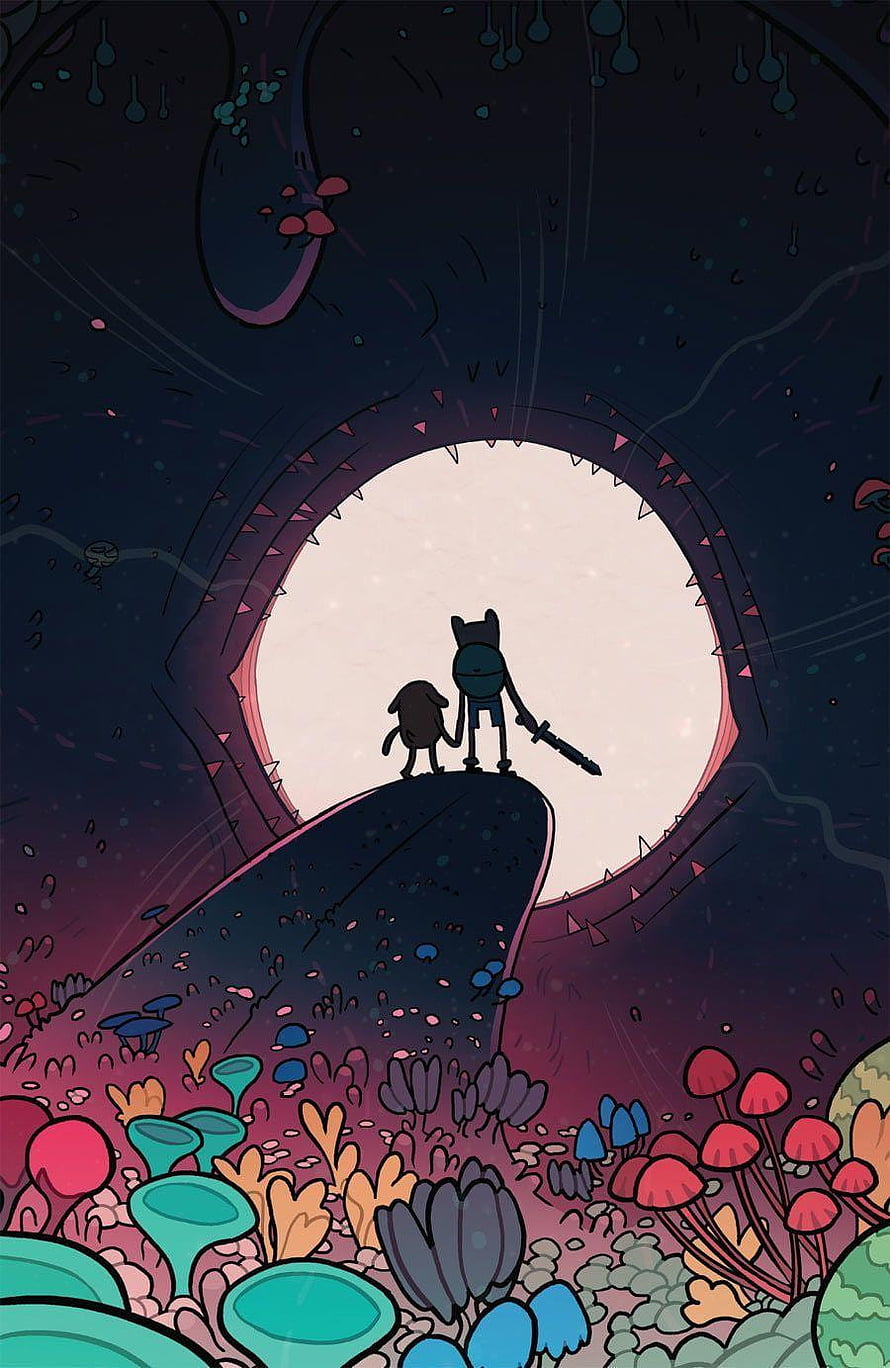 Adventure Time Finn and Jake Silhouette Standing on Cliff Edge in Colorful Cave HD phone wallpaper