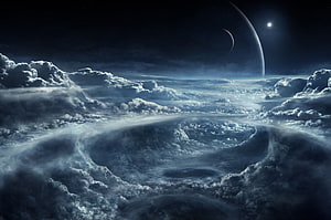 Dramatic View of a Distant Planet and Moon Above a Vast Cloud Layer in Deep Space HD wallpaper