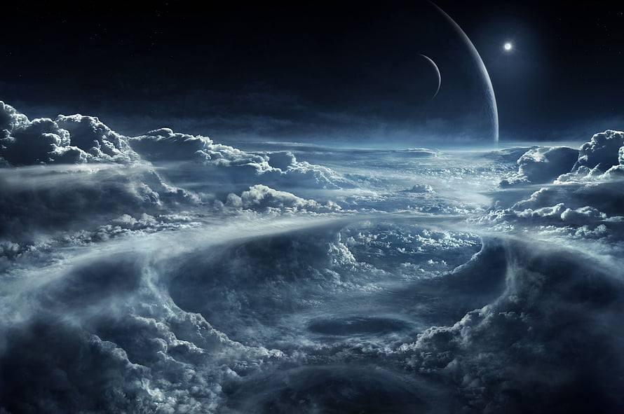 Dramatic View of a Distant Planet and Moon Above a Vast Cloud Layer in Deep Space HD wallpaper
