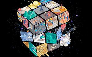 Colorful Illustrated Cube of Creative Scenes Against a Starry Black Background HD wallpaper