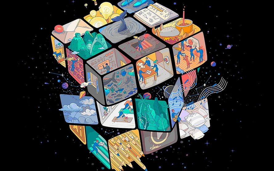 Colorful Illustrated Cube of Creative Scenes Against a Starry Black Background HD wallpaper