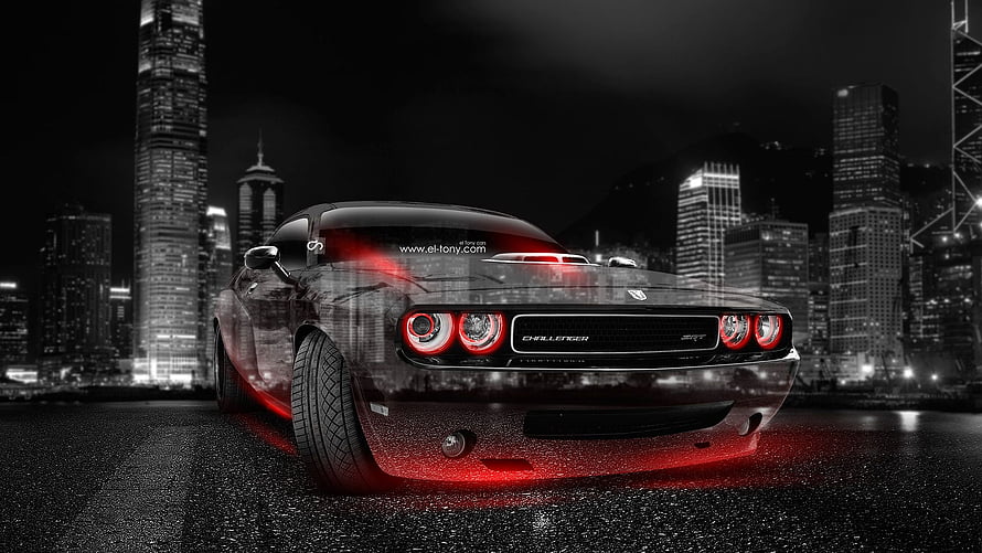 Black Dodge Challenger Demon muscle car with red underglow in a dark city skyline at night HD wallpaper