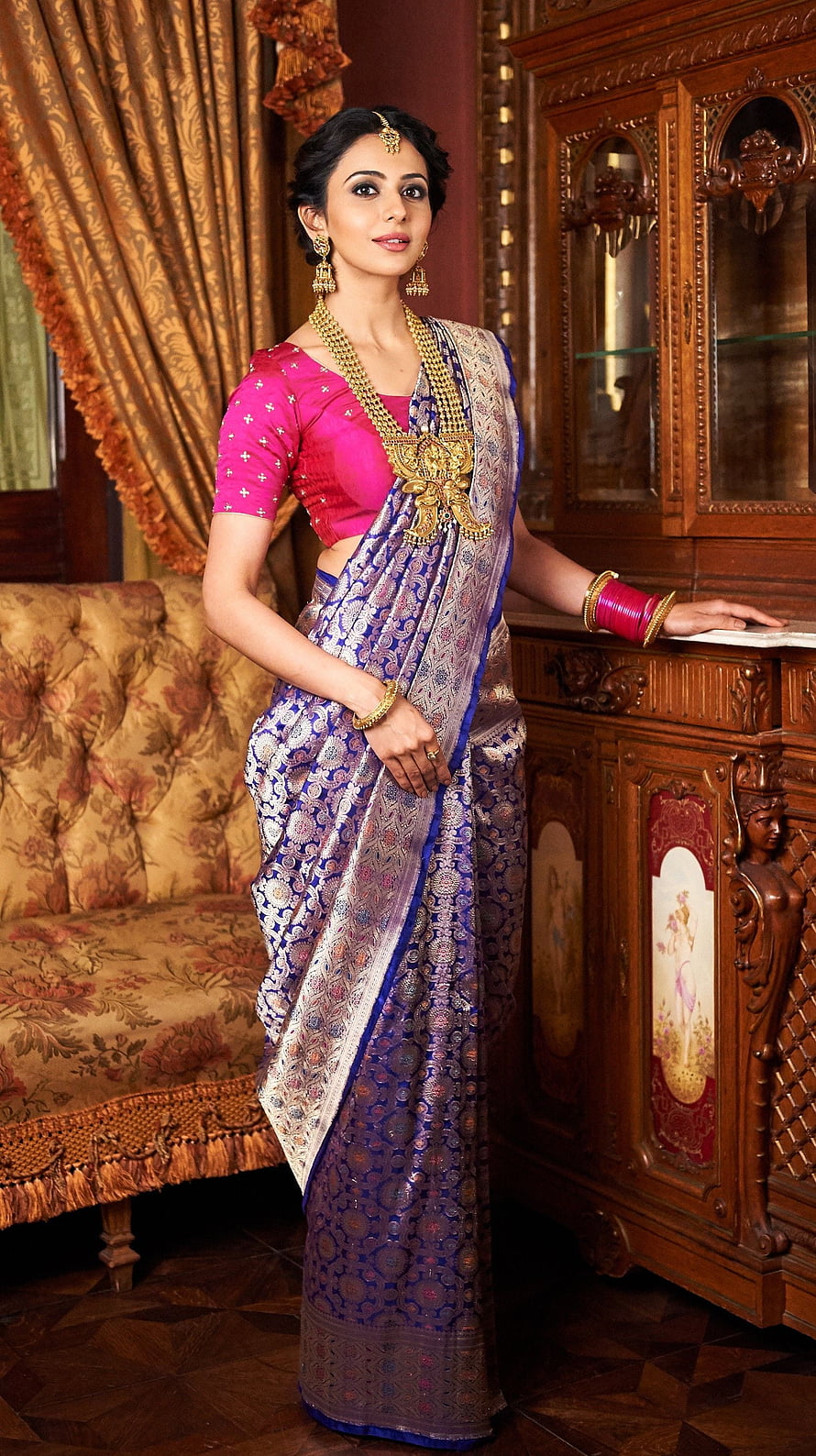Rakul Preet Singh in a Blue and Silver Silk Saree with Gold Jewelry HD phone wallpaper