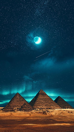 Mystical Pyramids of Giza Under a Starry Night Sky with Crescent Moon and Shooting Stars HD phone wallpaper