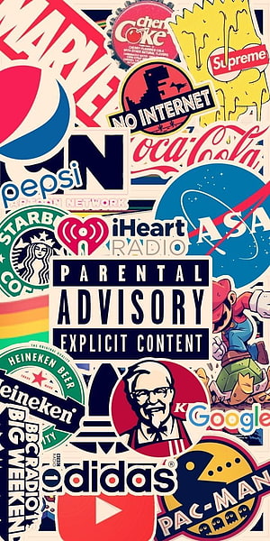 Retro Pop Culture Sticker Collage With Famous Brand Logos And Gaming Icons HD phone wallpaper