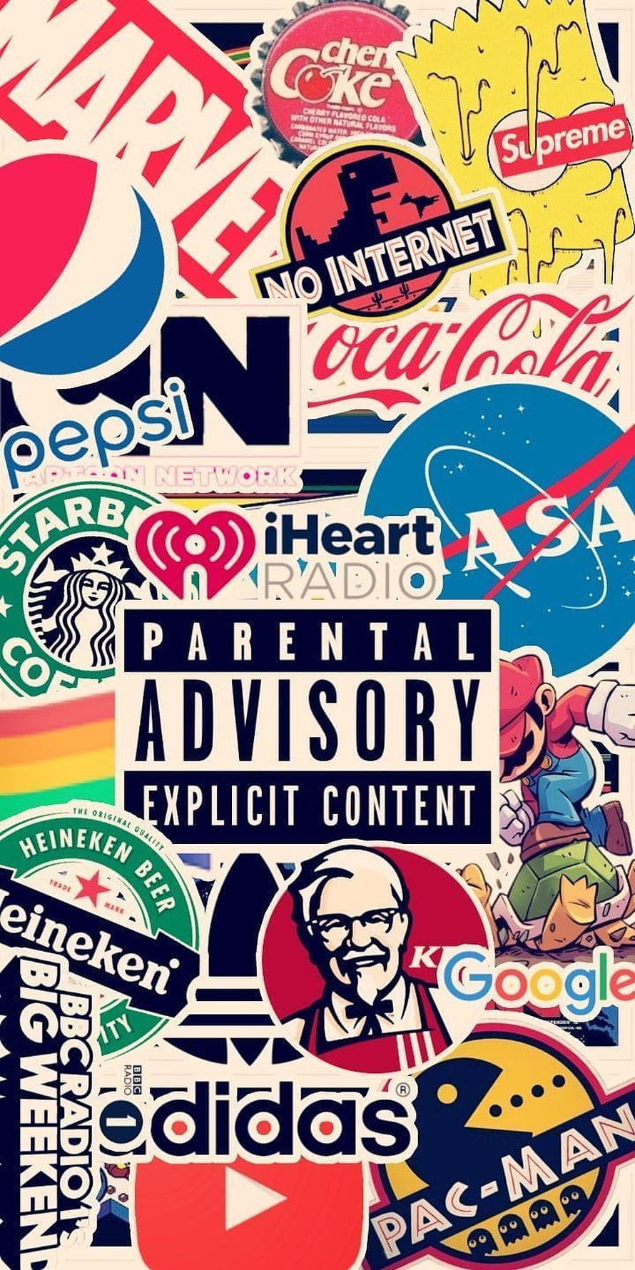 Retro Pop Culture Sticker Collage With Famous Brand Logos And Gaming Icons HD phone wallpaper