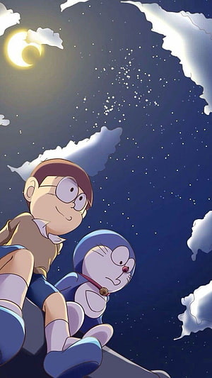 Nobita and Doraemon gazing at a starry night sky with a crescent moon and drifting clouds HD phone wallpaper