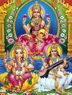 Lakshmi Ganesha Saraswati Hindu Deities Sitting on Lotus Flowers HD phone wallpaper