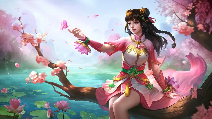 Ling from Mobile Legends in a pink and white outfit sitting on a cherry blossom branch by a lotus pond HD wallpaper
