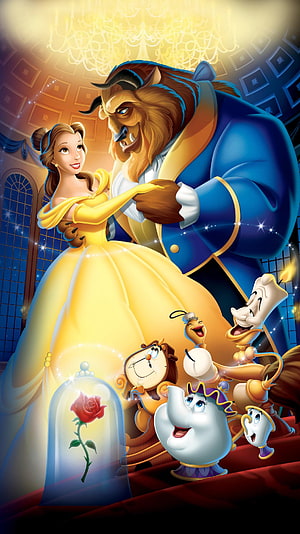 Beauty and the Beast Ballroom Dance Scene with Enchanted Castle Characters and Enchanted Rose HD phone wallpaper