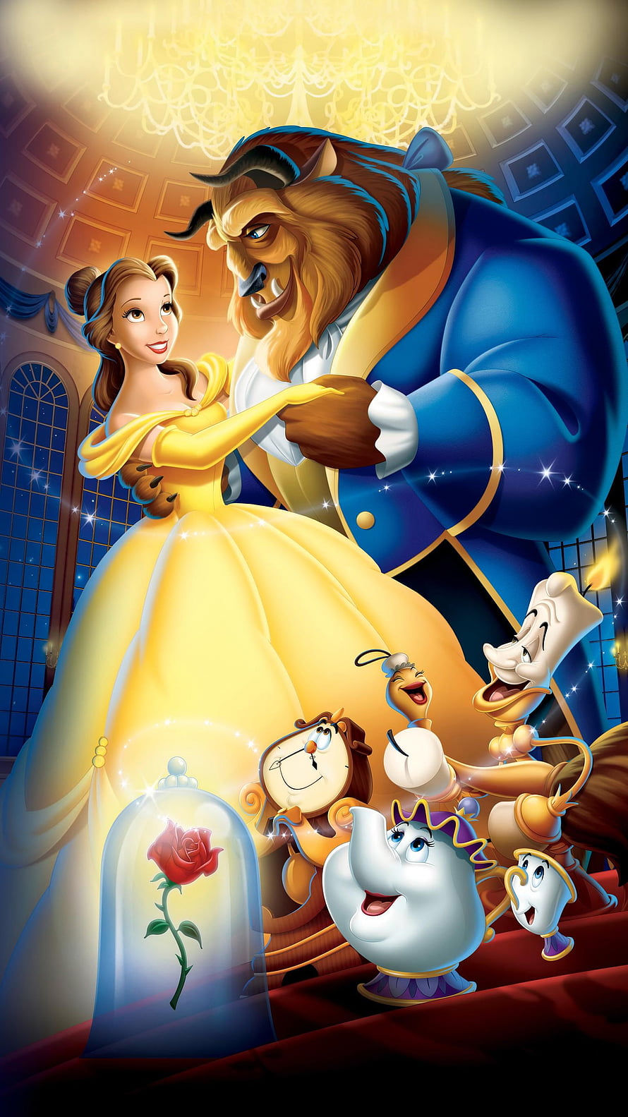 Beauty and the Beast Ballroom Dance Scene with Enchanted Castle Characters and Enchanted Rose HD phone wallpaper