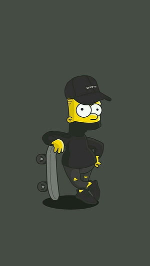 Bart Simpson in Streetwear Holding a Skateboard on Dark Background HD phone wallpaper