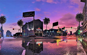 GTA 5 Los Santos City Street at Dusk with Rain Reflections and Neon Signs HD wallpaper