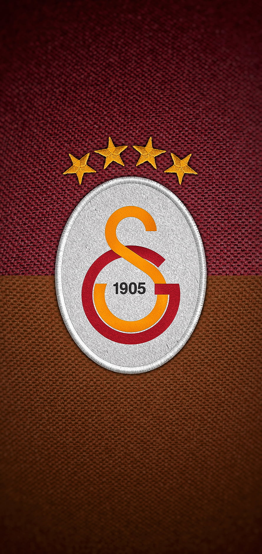 Galatasaray FC Crest Close-Up on Maroon and Brown Jersey Fabric with Four Gold Stars HD phone wallpaper