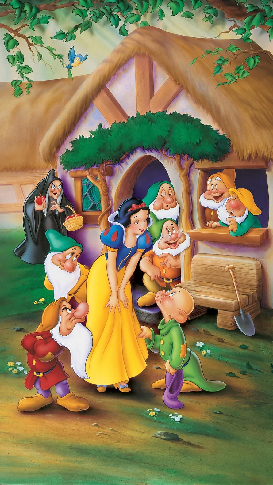 Snow White and the Seven Dwarfs in Their Cottage with the Evil Queen HD phone wallpaper