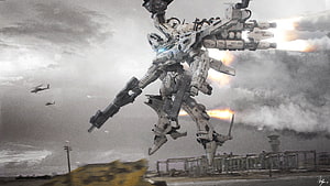 White Glint Mech from Armored Core 4 Leaping Through a Battlefield with Explosions HD wallpaper
