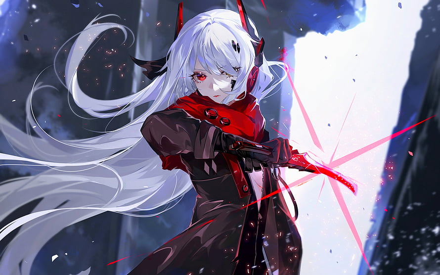 Lucia Crimson Abyss from Punishing: Gray Raven wielding a glowing red blade in a dark fantasy setting HD wallpaper