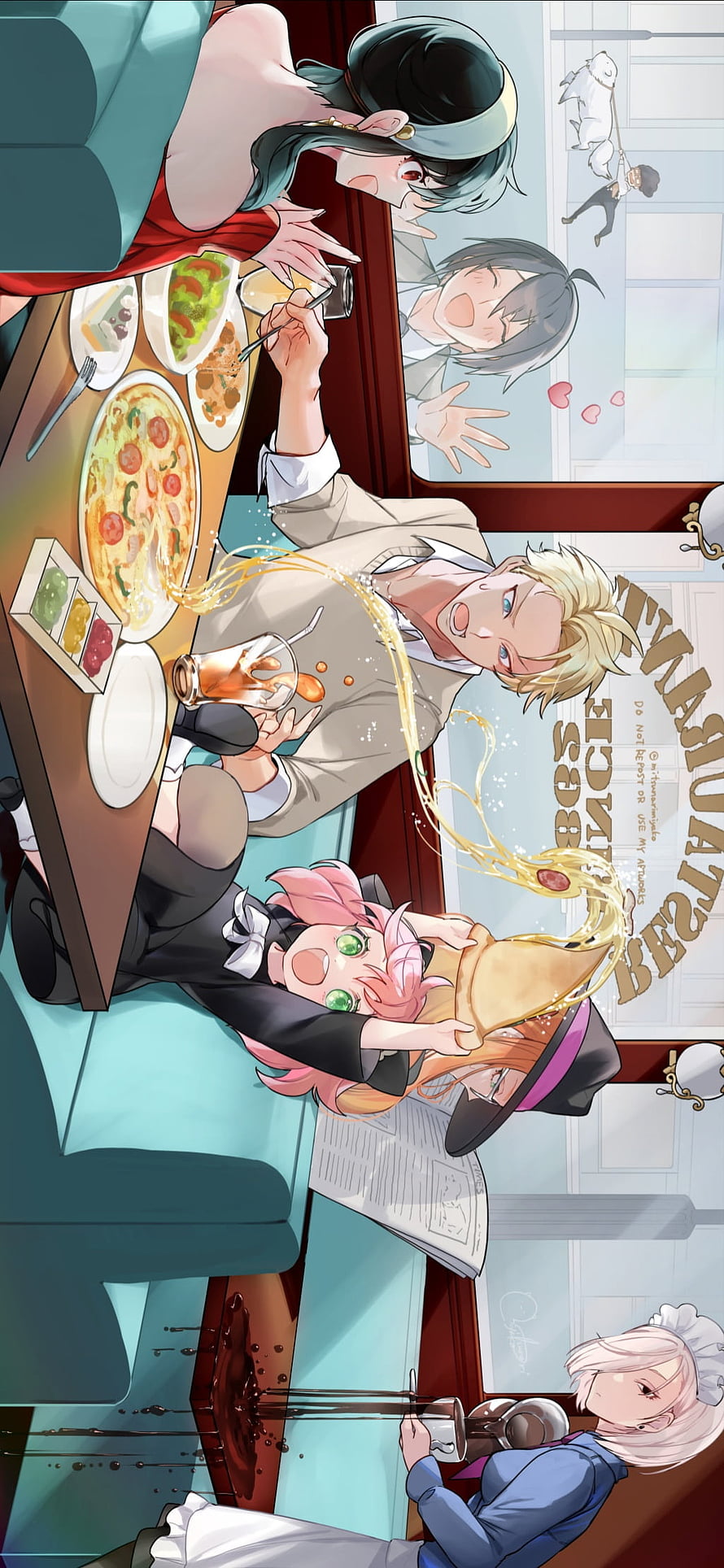 Spy x Family characters enjoying a lively dinner together in a cozy restaurant setting HD phone wallpaper