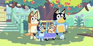 Bluey and Bingo Playing in the Garden with Bandit and Chilli HD wallpaper