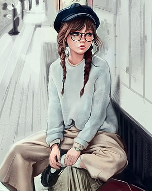 Illustration of a girl with braids, glasses, and a beret sitting on a bench in a soft, pastel style HD phone wallpaper