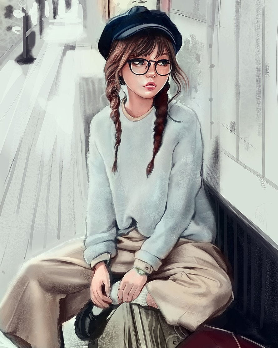 Illustration of a girl with braids, glasses, and a beret sitting on a bench in a soft, pastel style HD phone wallpaper