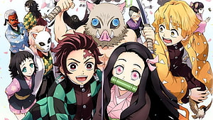 Demon Slayer Kimetsu no Yaiba Cast Group Art with Tanjiro Nezuko Zenitsu Inosuke HD wallpaper