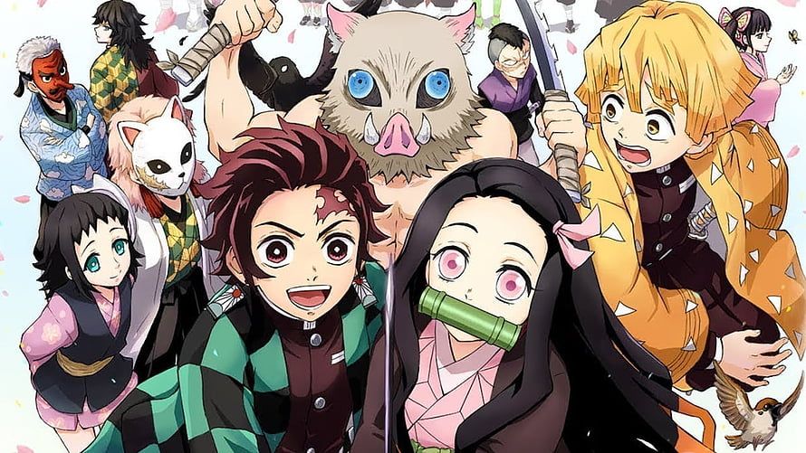Demon Slayer Kimetsu no Yaiba Cast Group Art with Tanjiro Nezuko Zenitsu Inosuke HD wallpaper