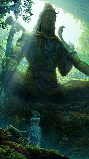 Majestic moss-covered Shiva statue in a mystical jungle with waterfall and monkey HD phone wallpaper